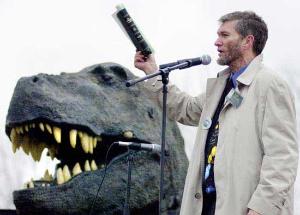 Photo of Ken Ham and model dinosaur