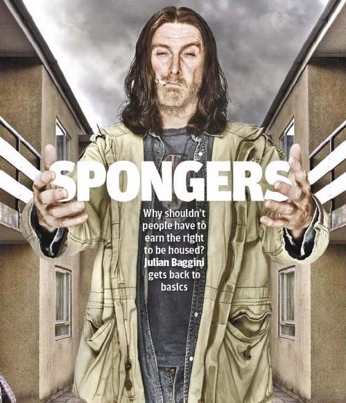 A page from Julian Baggini's 'Spongers', showing David Threlfall as Frank Gallagher, lead 'sponger' in Shameless