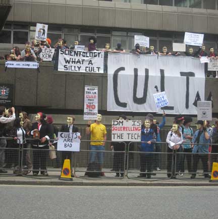 Anonymous protesters gather across from the Church of Scientology, Blackfriars, London