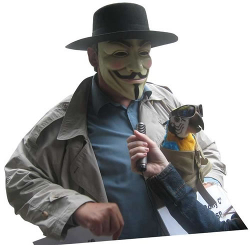 A regular protester and Polly the Suppressive Parrot give their views