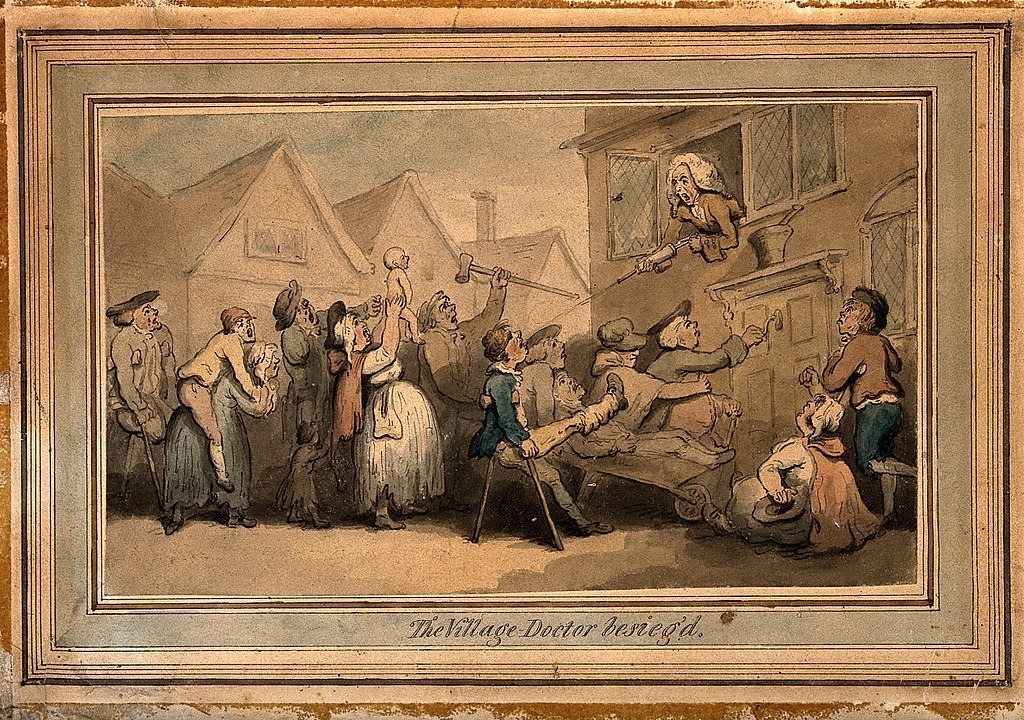 A 19th century watercolour depicts a doctor facing an angry mob.