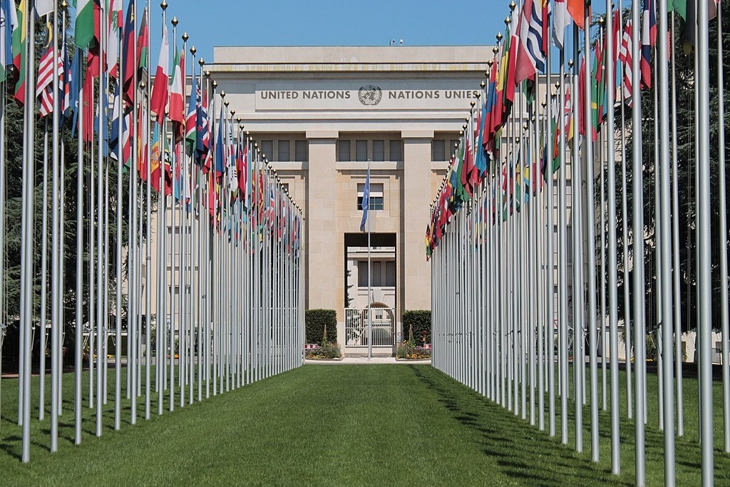 Flags in front of the UN headquarters in Geneva. Credit: John Samuel Flags in front of the United Nations