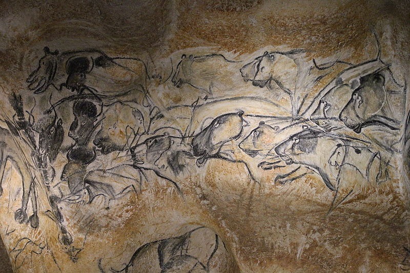 The Lions Panel at the Pont d'Arc cave, part of the Chauvet Cave system in southern France (Wikimedia Commons) 18_PanneauDesLions_PartieDroite_BisonsPoursuivisParDesLions