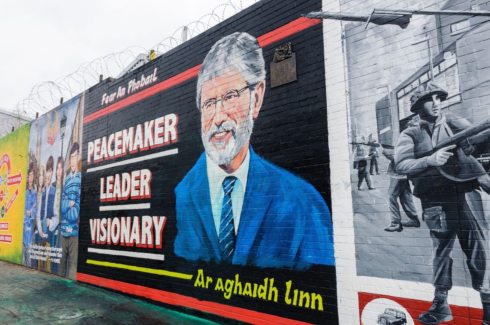 A mural in honour of Gerry Adams in Belfast. Credit: Alamy A portrait of Gerry Adams painted on a wall in Belfast, with the words 'Peacemaker, Leader, Visionary'