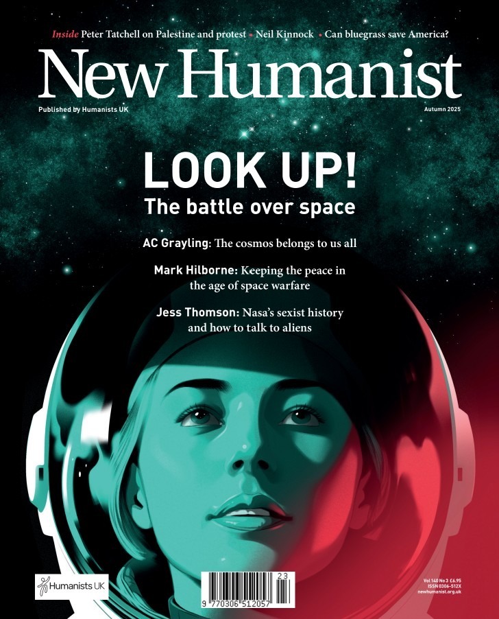 The cover of New Humanist's Autumn 2025 issue is an illustration of an astronaut surrounded by stars