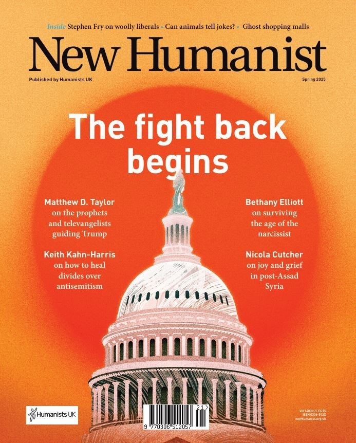 The cover of New Humanist's spring 2025 issue is an illustration of the US Capitol building against the backdrop of an orange sun, emblazoned with the words 'The fight back begins'