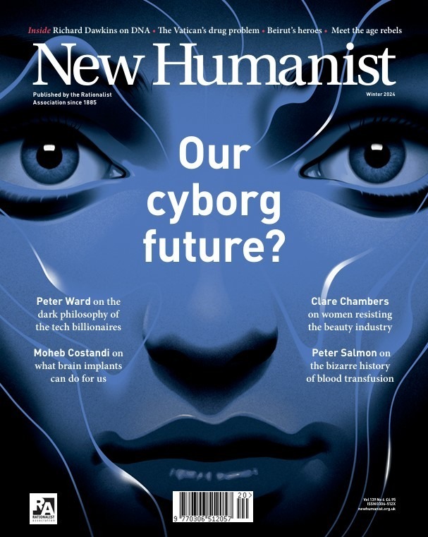 New Humanist's winter 2024 cover shows a futuristic blue face with the words: 'Our cyborg future?'