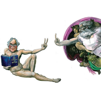 Martin Rowson's Dawkins and God, after Michaelangelo