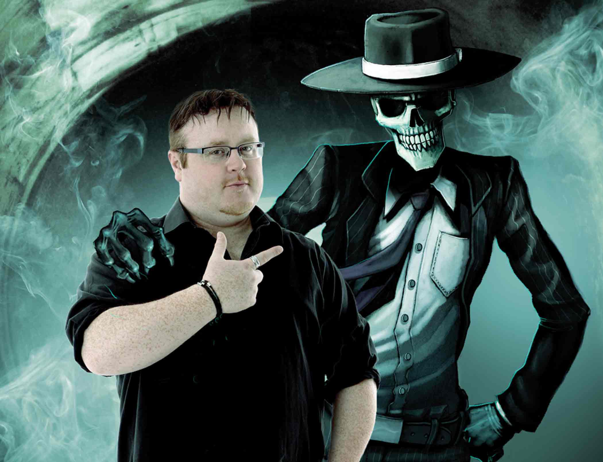 Derek Landy with Skulduggery Pleasant