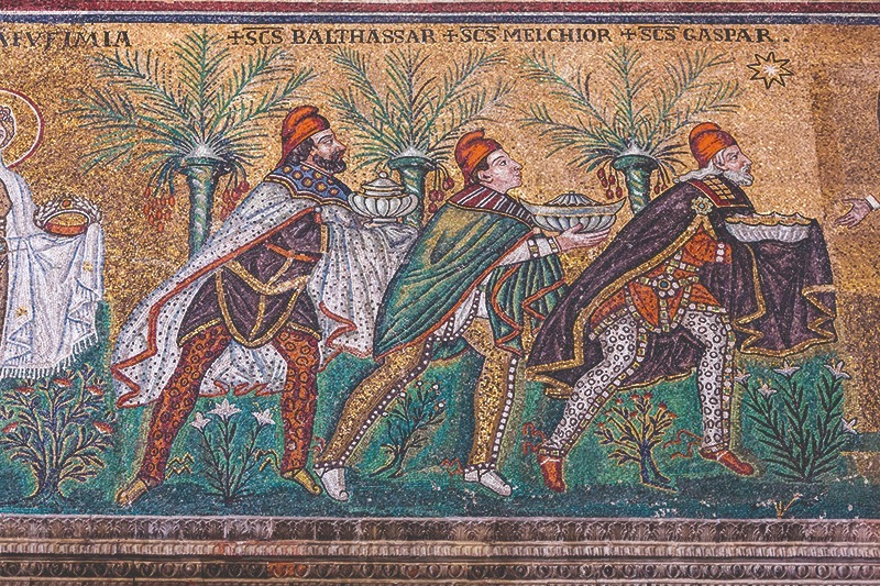 Detail of a Byzantine mosaic in Ravenna, Italy, depicting the three wise men E92Y2X-_1_
