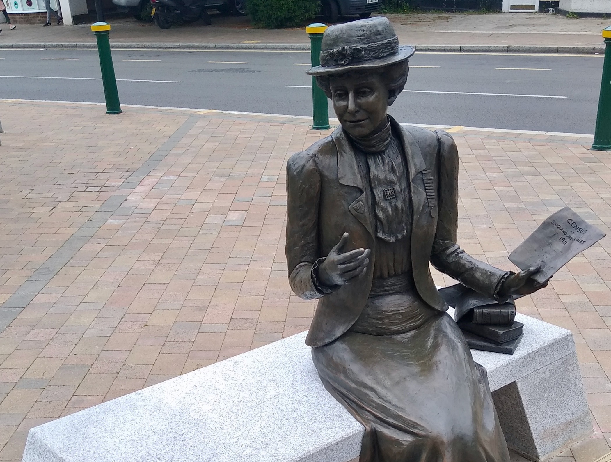 The Emily Wilding Davison statue by the sculptor Christine Charlesworth, Epsom High Street, June 2021 Emily_Wilding_Davison_statue,_Epsom_High_Street__July_2021_