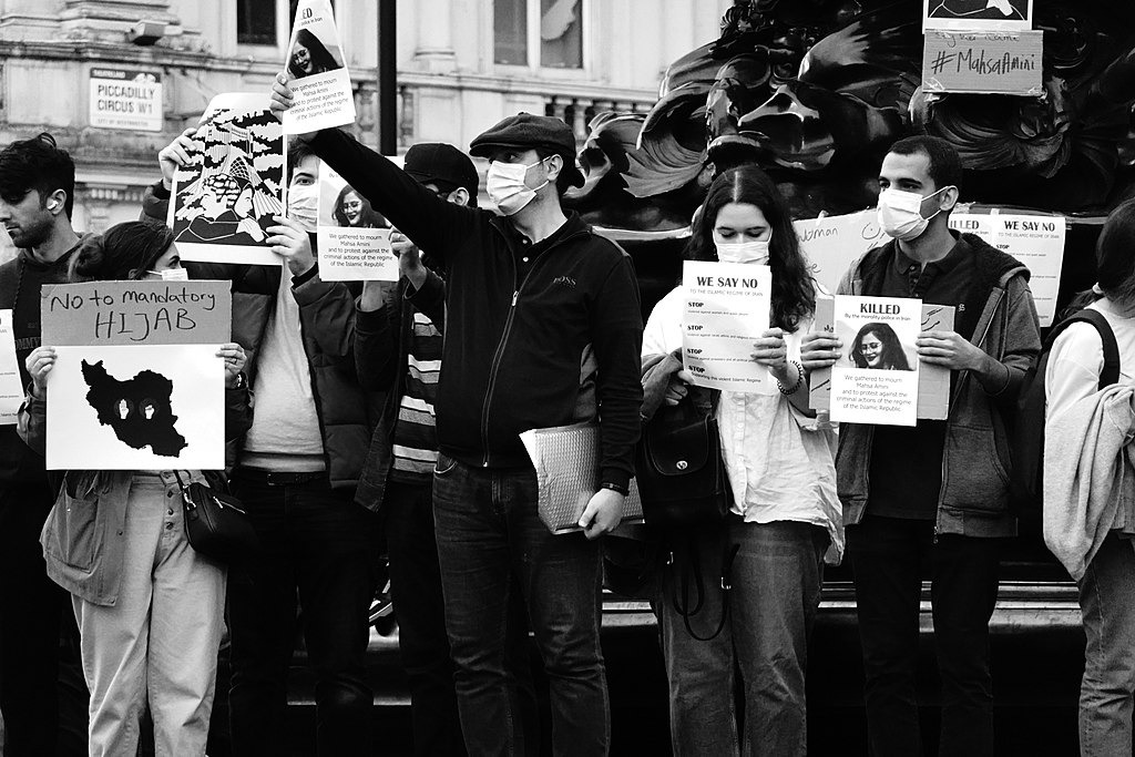 A Mahsa Amini protest in London, 21 September 2022. Credit: Garry Knight Photos taken at a protest at London's Piccadilly Circus against mandatory hijab in Iran.