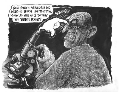 Martin Rowson's cartoon of a sceintist having his eye poked by God