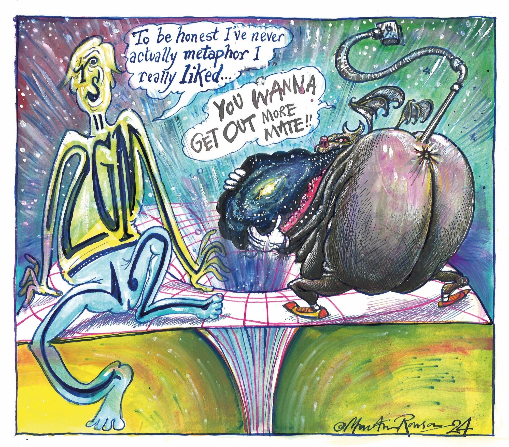 A cartoon by Martin Rowson shows a black hole talking in space