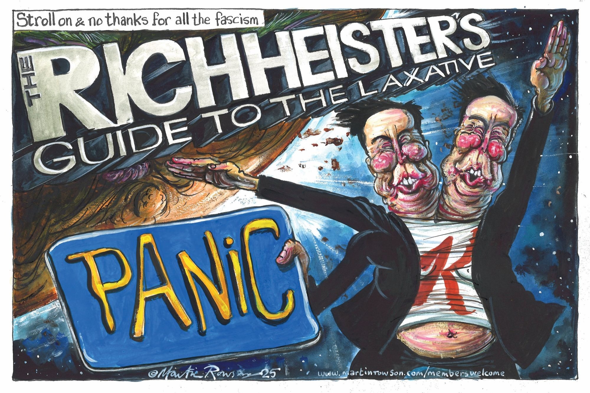 A cartoon by Martin Rowson shows Elon Musk in space under the headline 'Richheister's Guide to the Laxative'