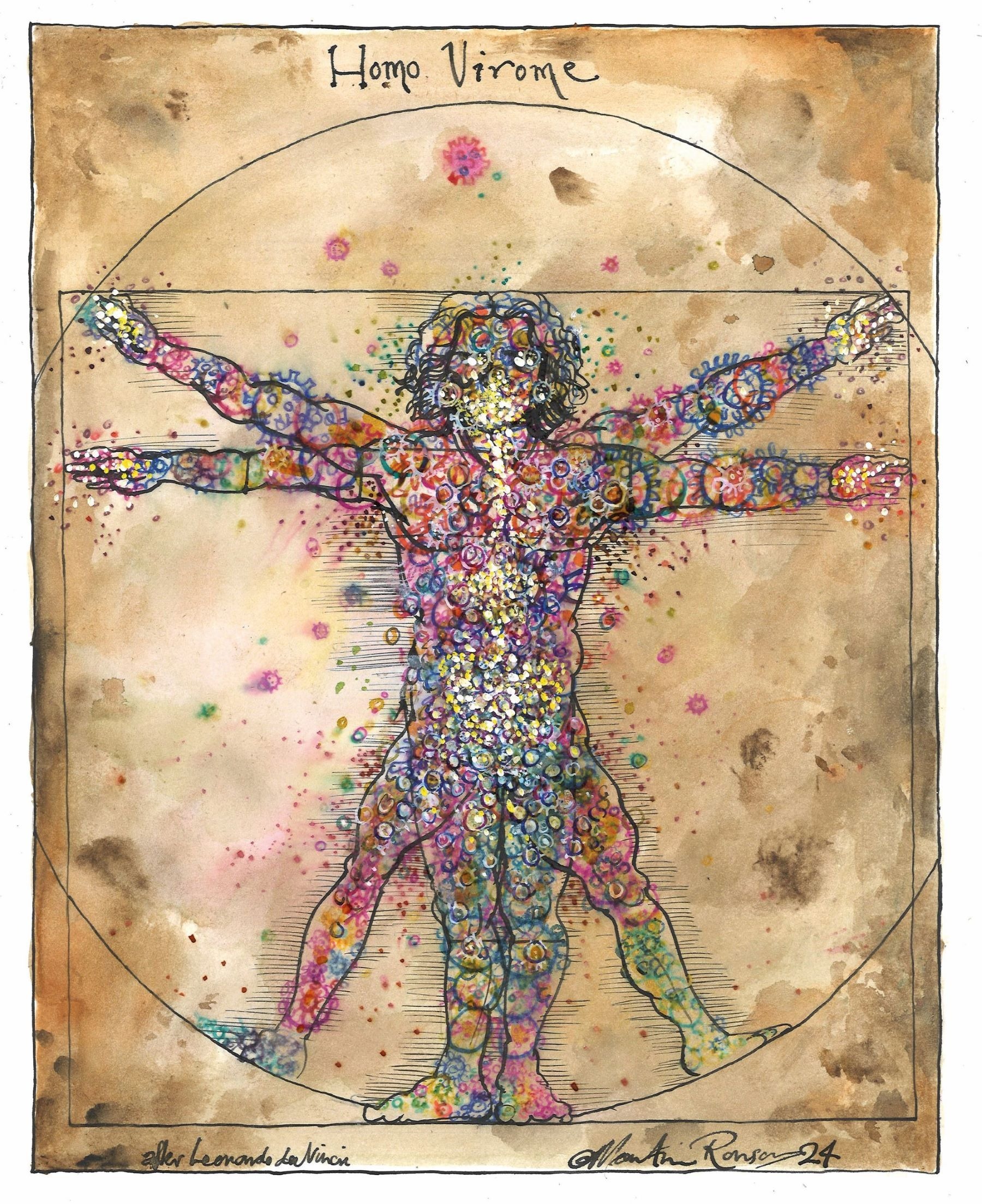 A cartoon of the 'Homo Virome', modelled after da Vince, by Martin Rowson