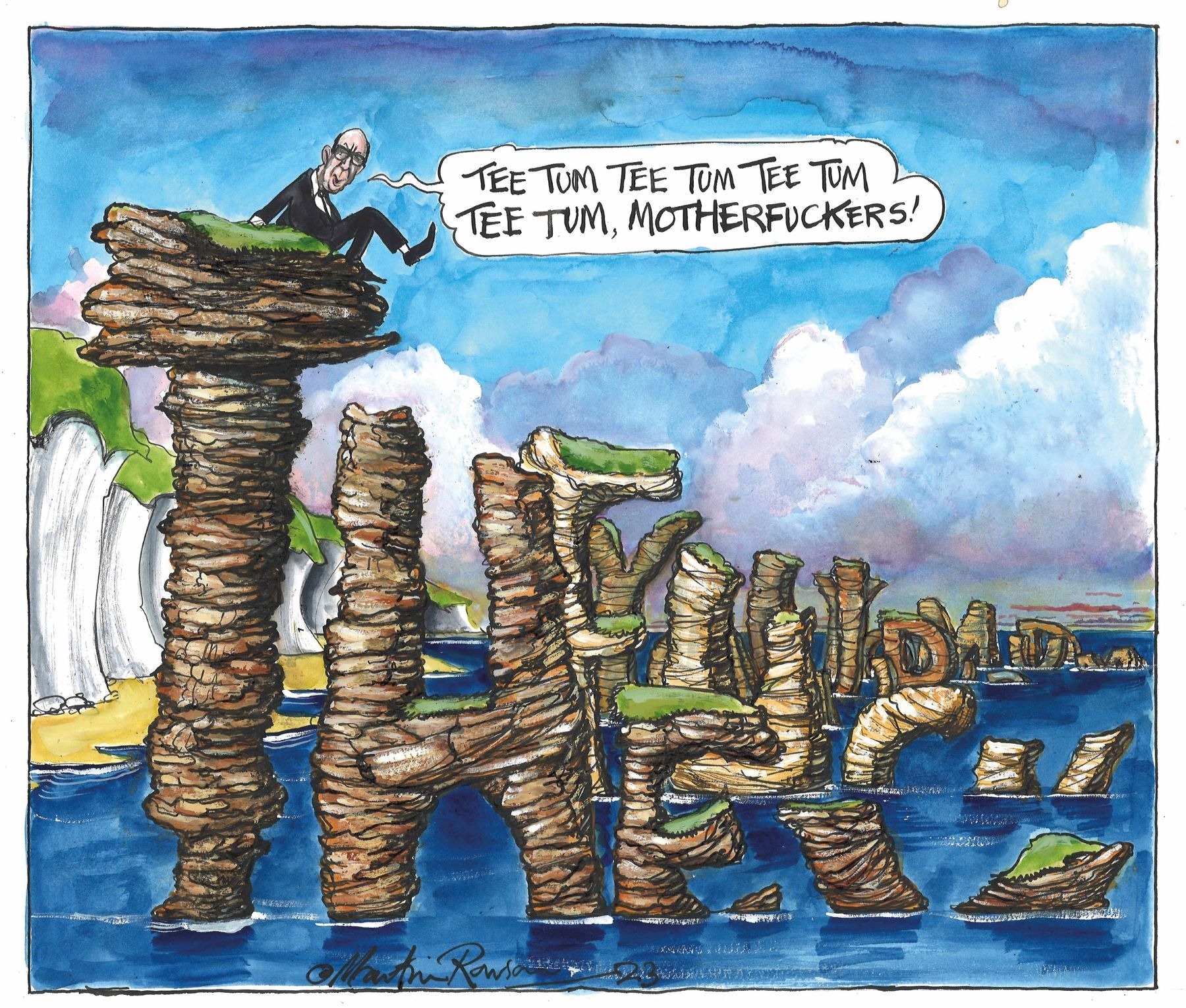 A cartoon by Martin Rowson shows Philip Larkin balanced on top of an island, with the rocks seeming to spell out the opening line of his famous poem