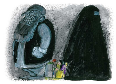 Martin Rowson's illustration for 'Fun-loving Muslims', July/August 2010