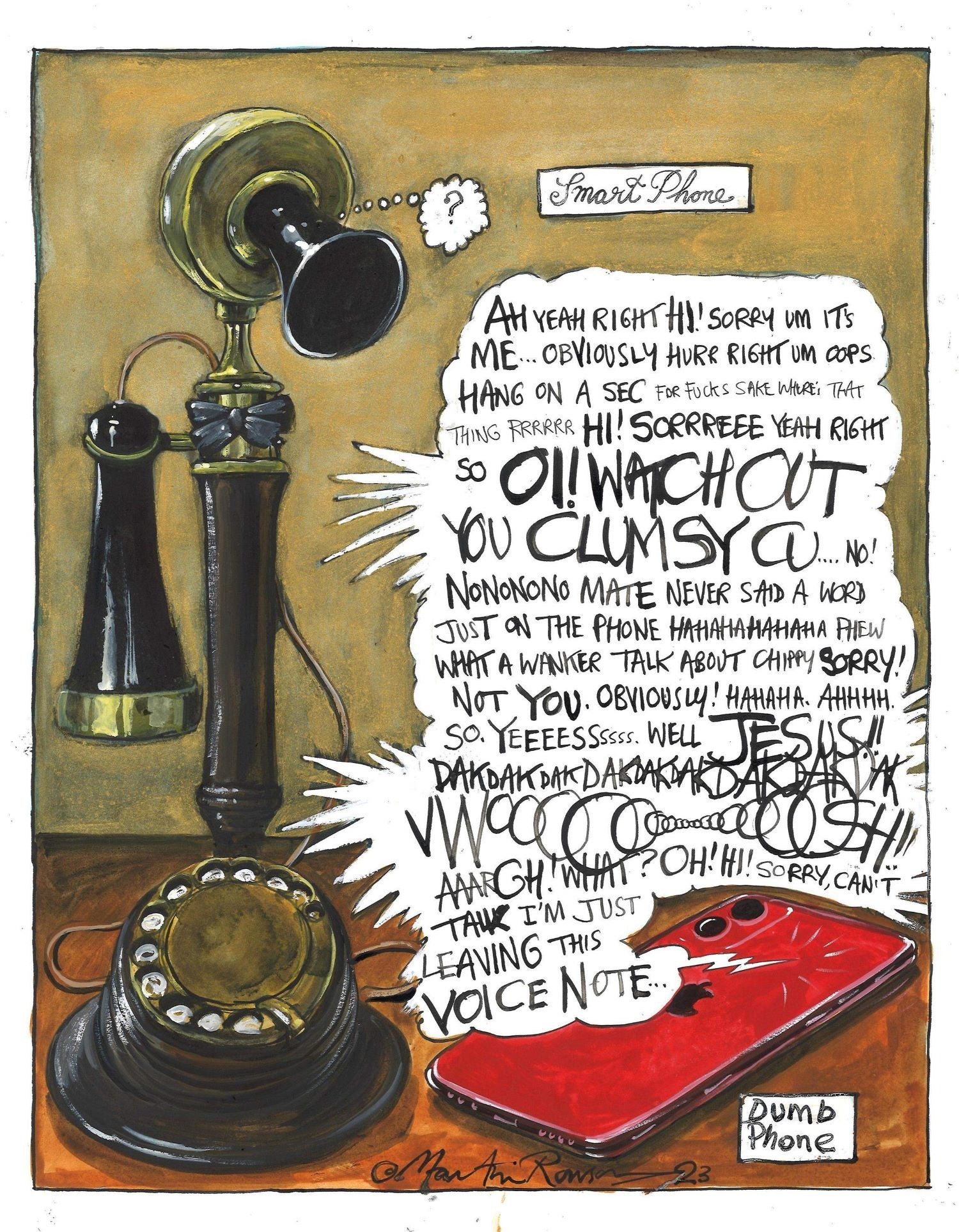 An illustration shows a smart phone next to a dumb phone with conversation spilling out of them