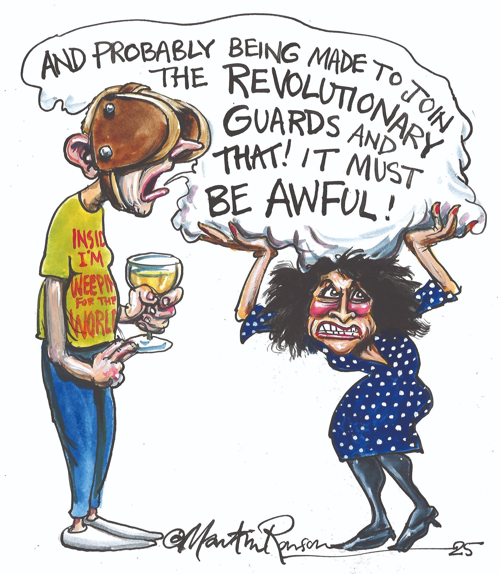 A cartoon by Martin Rowson depicts the author at a party while a man wearing blinkers talks to her about Iran