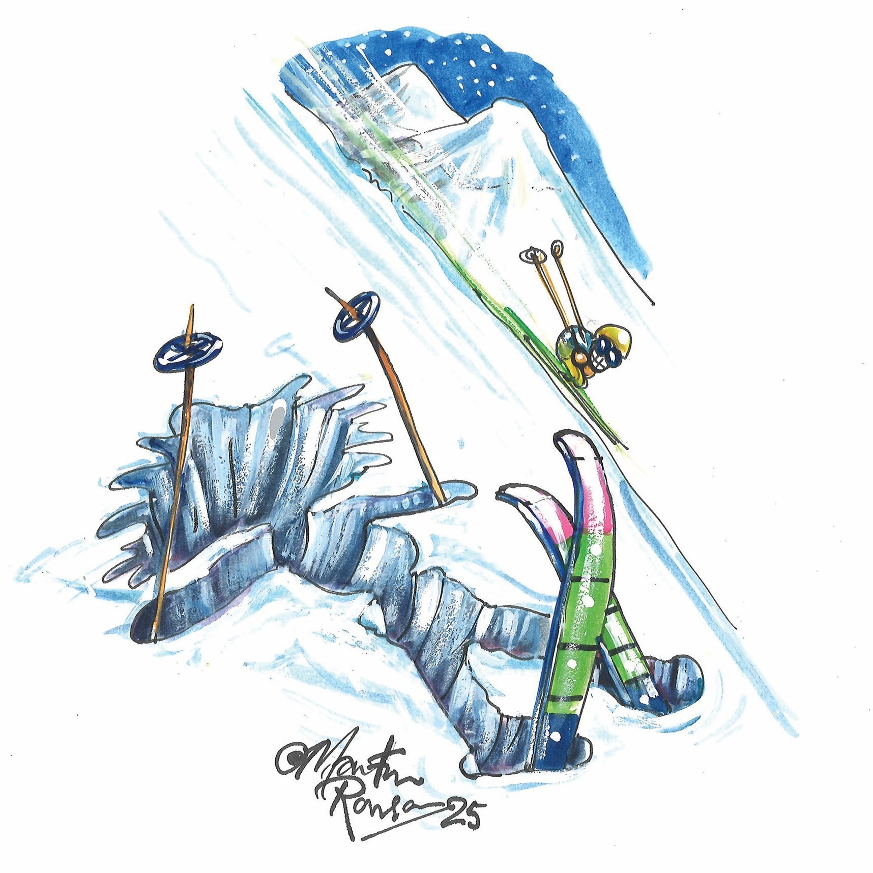 A cartoon by Martin Rowson shows the author stuck face down in a pile of snow