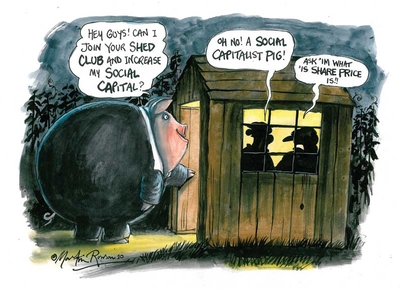 Martin Rowson's 'social capital' cartoon for New Humanist, Sep/Oct 2010