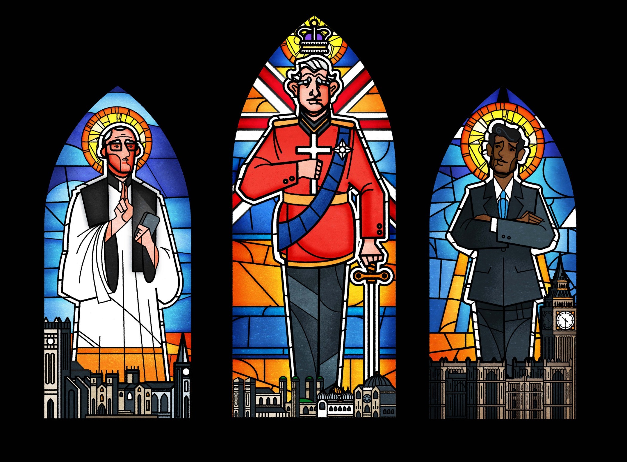 'The current state of the law means that religious organisations are given government-backed support to promote their views' An illustration shows the Archbishop of Canterbury, King Charles III and Prime Minister Rishi Sunak as painted figures on stained glass windows