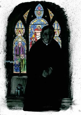 Martin Rowson's illustration for Laurie Taylor's piece on Catholic child abuse, Jan/Feb '10