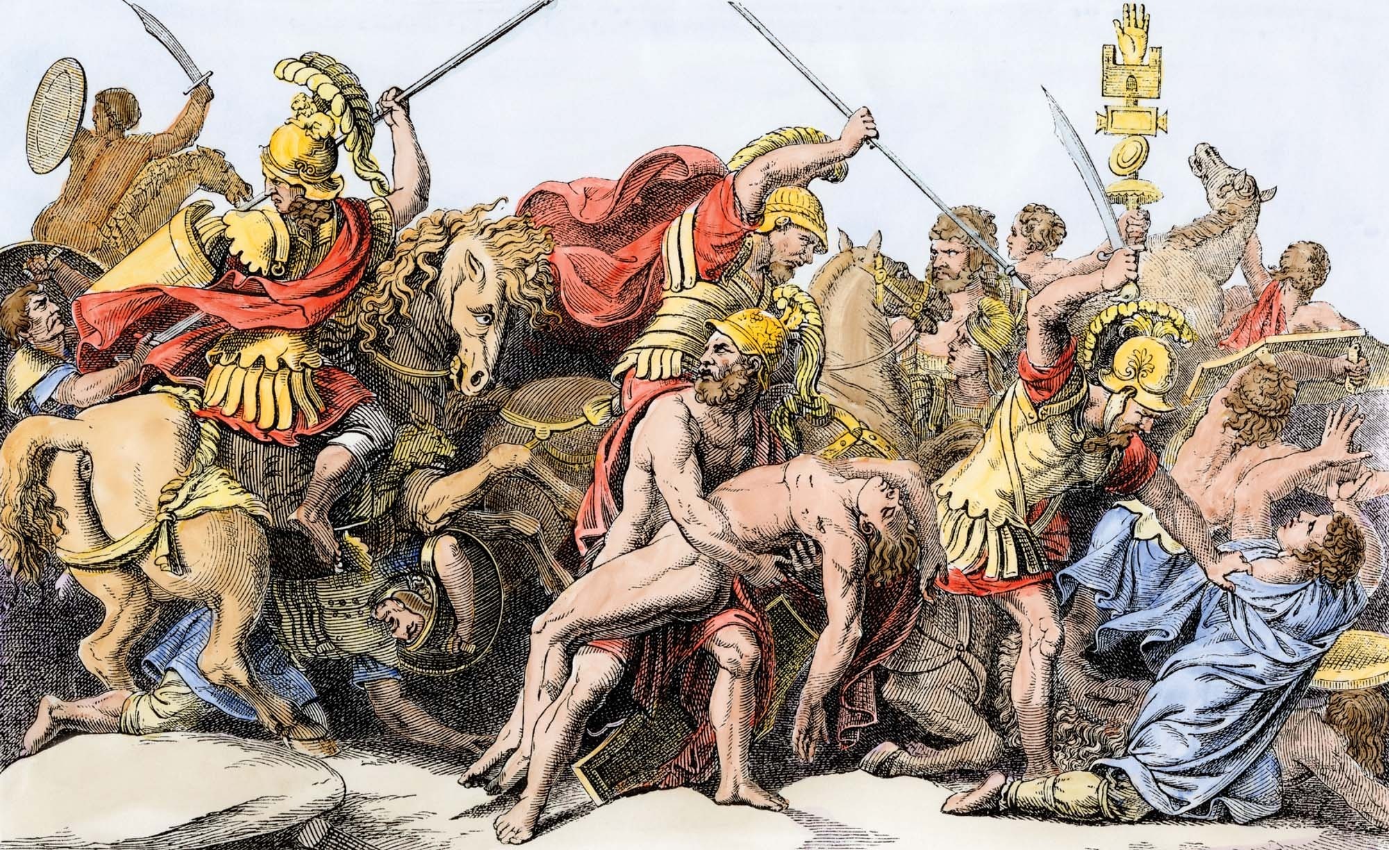 A 19th-century illustration of Greeks and Trojans around the body of Patroclus in the Trojan War