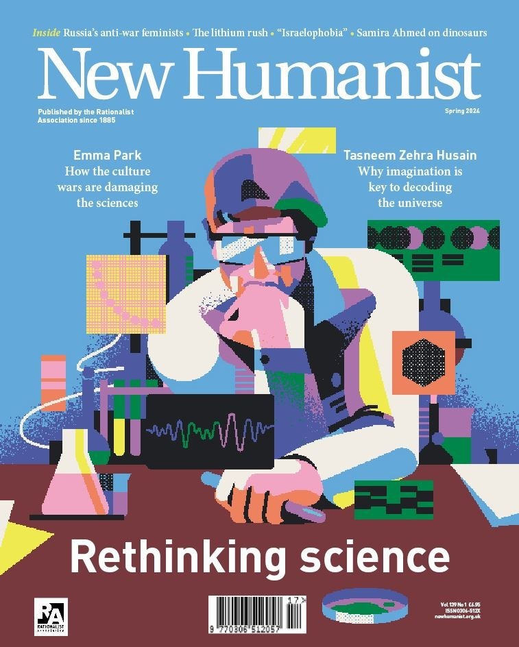 The spring 2024 cover of New Humanist is a reimagining of 'The Thinker' surrounded by scientific devices