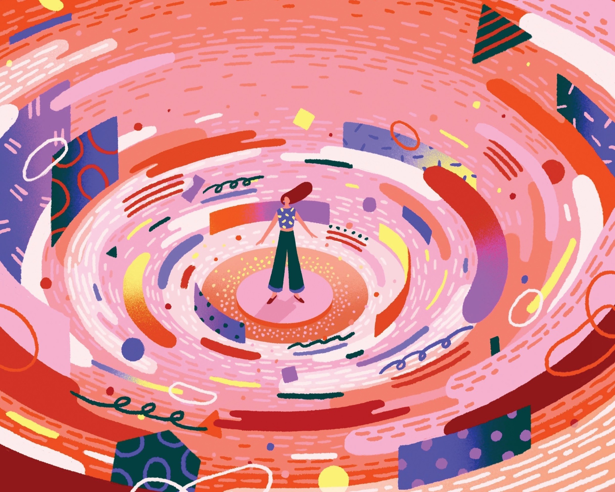 An illustration of a woman surrounded by a twister of swirling objects