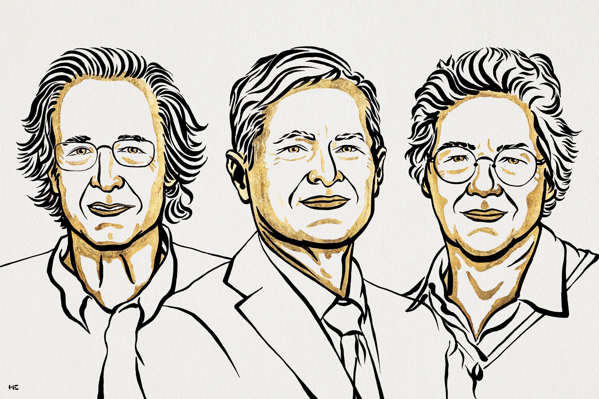 L-R: Agostini, Krausz and L'Huillier. By Niklas Elmehed © Nobel Prize Outreach An illustration of the three prize winners - Agostini, Krausz and L'Huillier