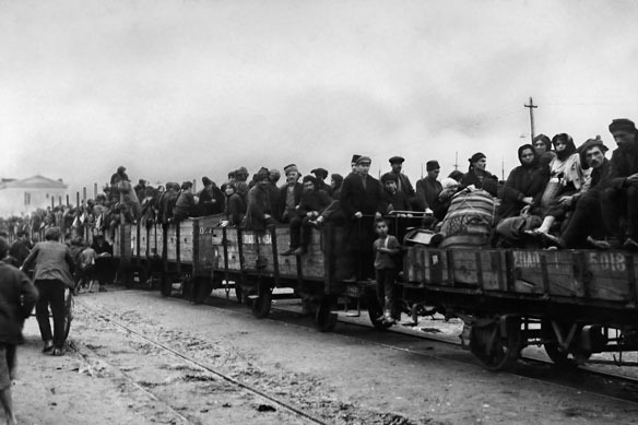 Christian refugees from Samsun, Turkey in train cars at Patras, Greece, starting their journey to the interior Aegean