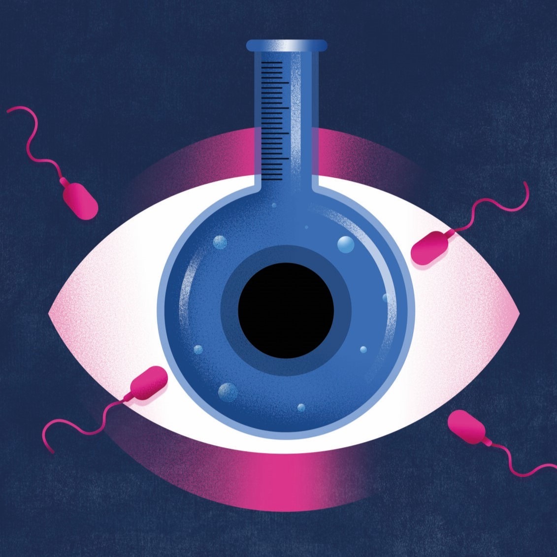 Cover art from New Humanist's winter 2023 issue. Credit: Maria Corte A graphic illustration showing sperm and a test tube