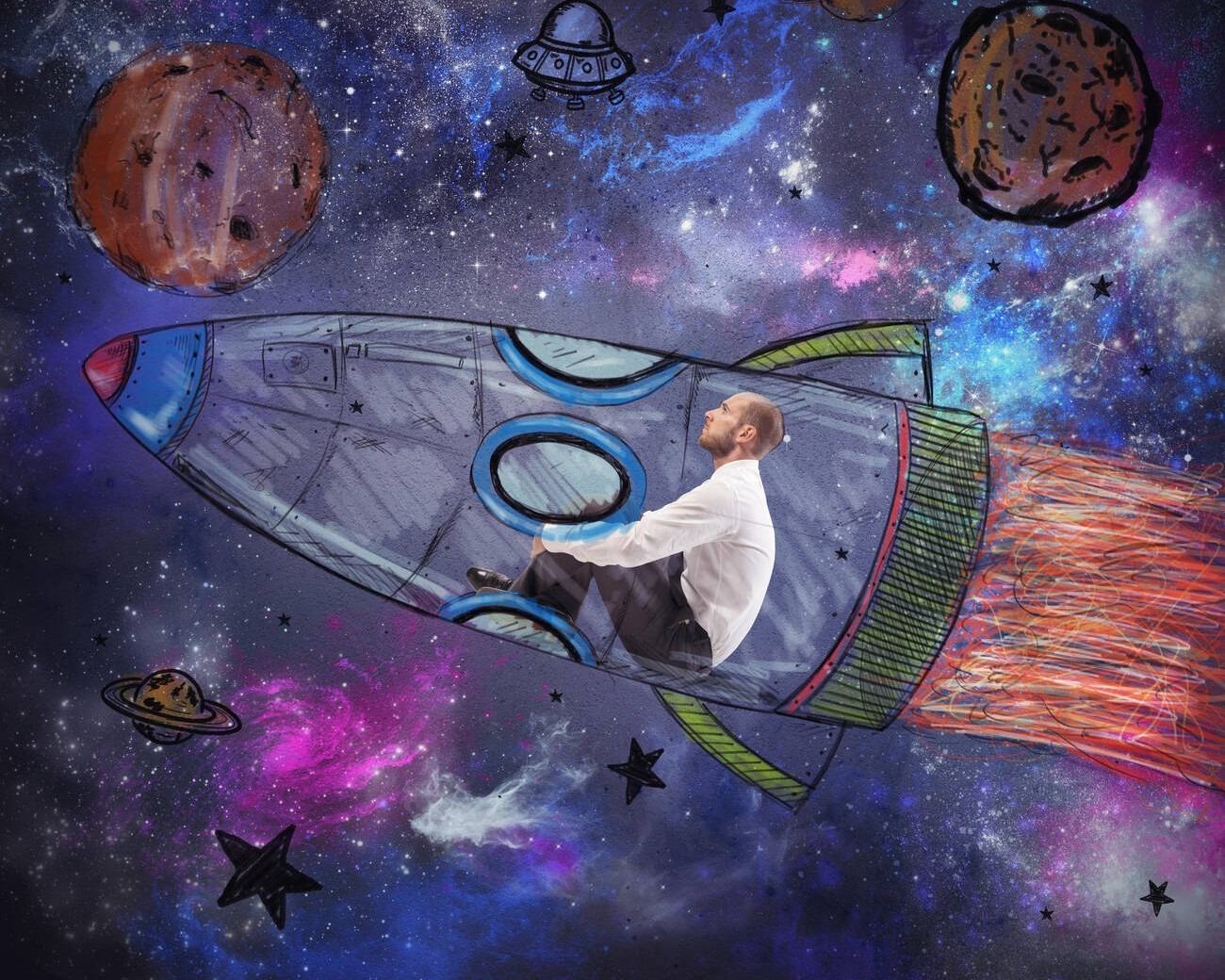 Credit: Alamy A man in a cartoon rocket