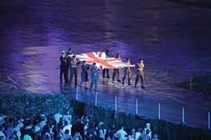 The 2012 Olympics opening ceremony A British flag being carried at the 2012 Olympics opening ceremony.