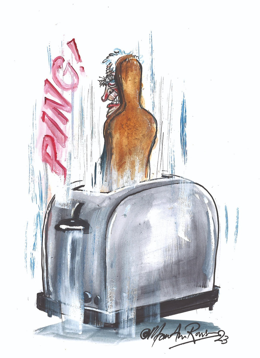 A cartoon shows Laurie Taylor popping, slightly charred, out of a toaster