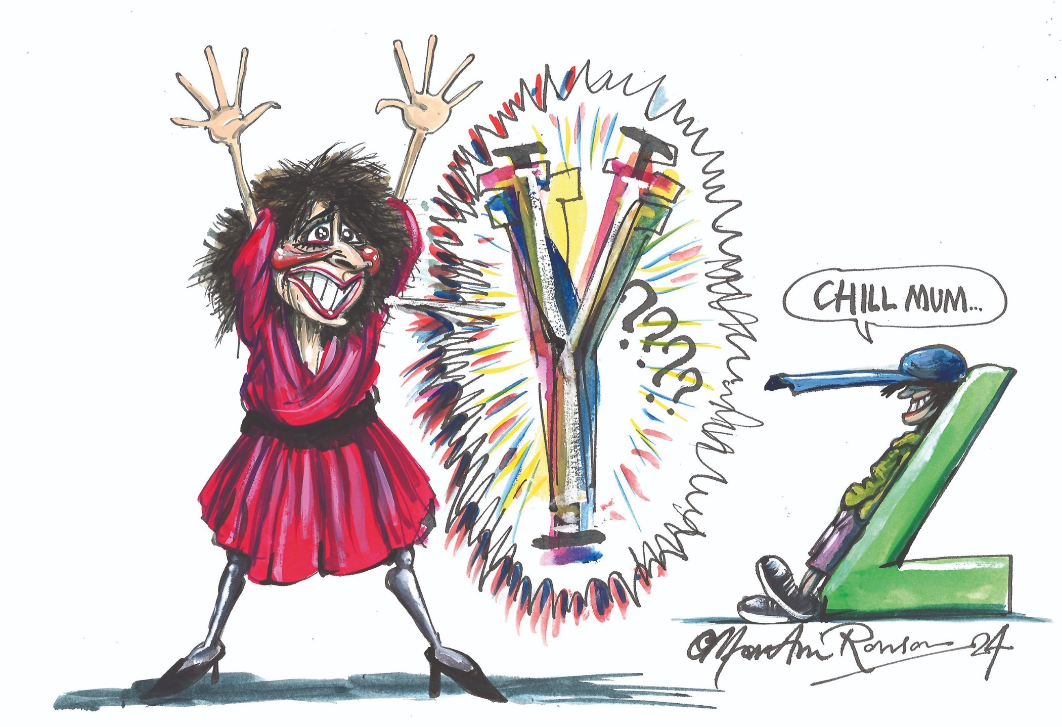 A cartoon of Shaparak Khorsandi and her son by Martin Rowson