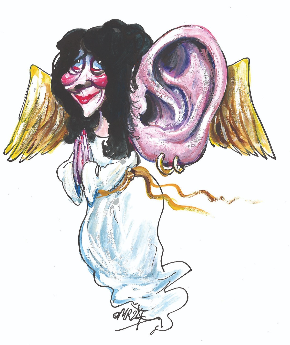 Credit: Martin Rowson A cartoon of the author as an angel with a giant ear
