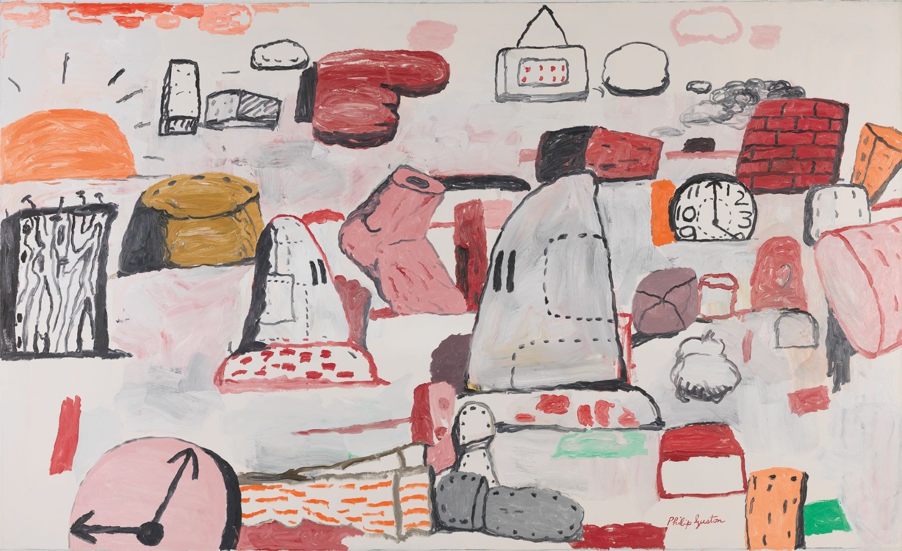 'Flatlands' (1970) by Philip Guston, part of his retrospective at Tate Modern until 25 Feb. Credit: San Francisco Museum of Modern Art, gift of Byron R. Meyer © The Estate of Philip Guston 'Flatlands' (1970) by Philip Guston shows a seemingly random collection of objects scattered across the canvas, including a brick wall, two clocks, the sun, a pair of shoes and - in the centre - two white hoods