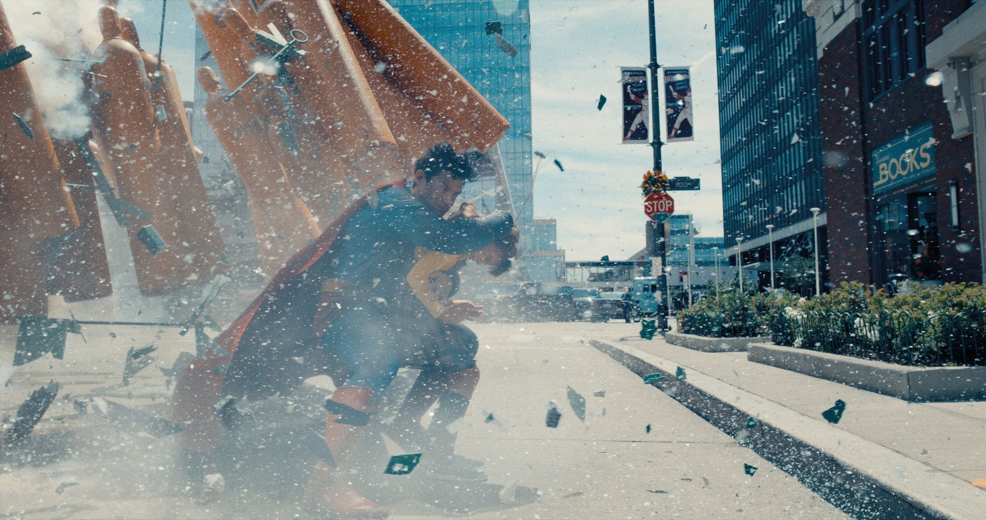 A scene from the new Superman film. Courtesy of Warner Bros Pictures Superman saves a girl in a scene from the movie