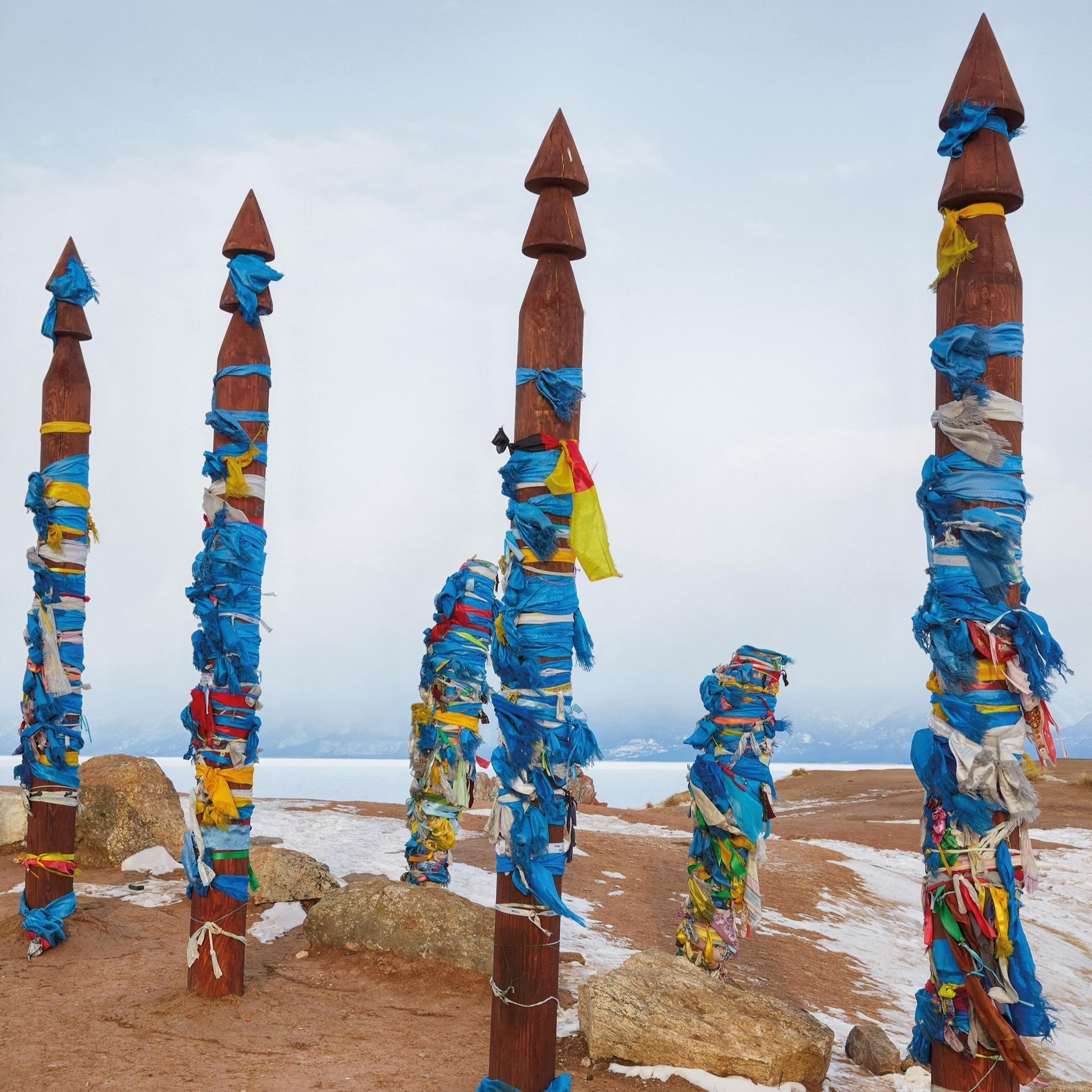Wooden shamanic totem poles in Siberia
