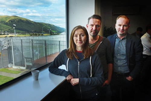 Bryan Doerries, right, with actors Pauline Knowles and Richard Conlon at HMP Glenochil, near Alloa Performance