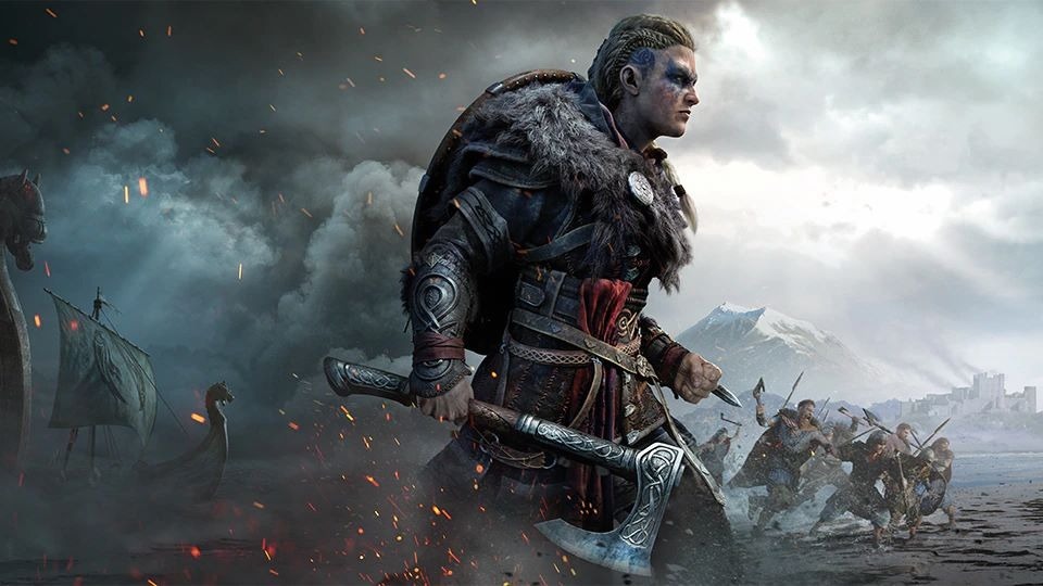 A graphic from Assassin's Creed: Valhalla shows a Viking-esque warrior walking through a battlefield carrying an axe